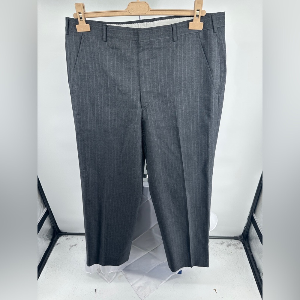 Christian Dior straight leg charcoal gray pinstriped trousers